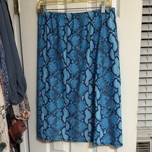Blue Snake-Print Midi Skirt with Elastic Waist